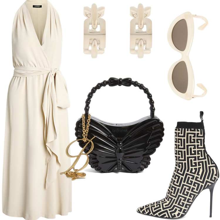 Outfit donna - La borsa farfalla. Stile Bon Ton per Tutti i giorni. look ideale per Petite. Abbinamento con orecchini, vestiti senza maniche, stivaletti, borse a mano, occhiali da sole.