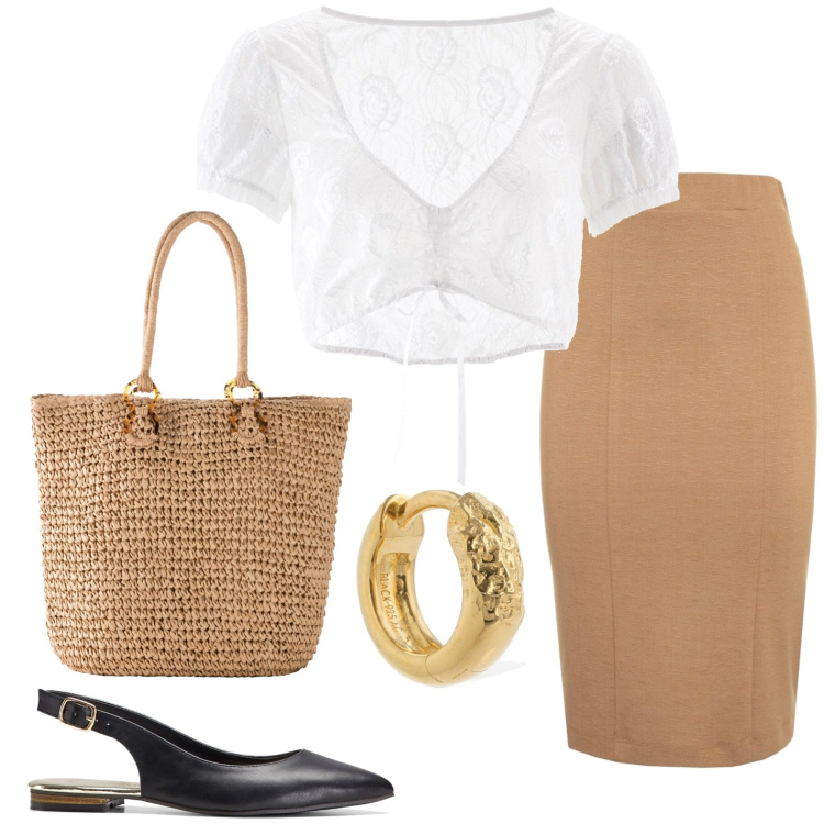 Outfit donna - Gonna midi. Stile Basic per Tutti i giorni. look ideale per Petite. Abbinamento con ballerine, camicie, shopping bag, gonne lunghe, orecchini.