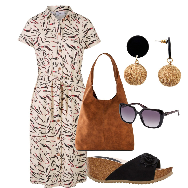 Outfit donna - Chemisier. Stile Bon Ton per Tutti i giorni. Abbinamento con sandali, orecchini, vestiti, shopping bag, occhiali da sole.