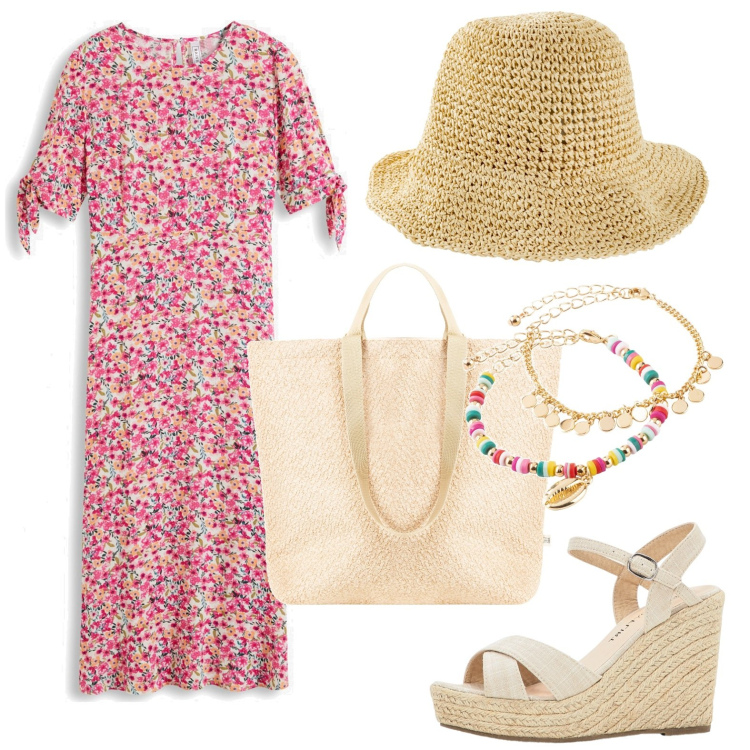 Outfit donna - Abito a fiori. Stile Basic per Tutti i giorni. look ideale per Petite. Abbinamento con sandali, cappelli, vestiti midi/longuette, braccialetti con ciondoli, borse tote.