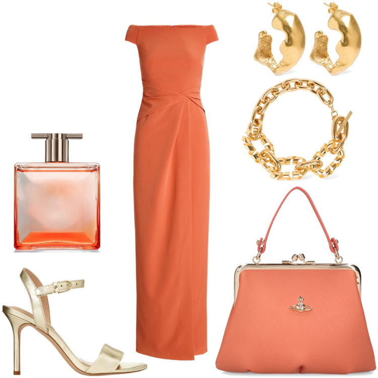 Outfit donna - Matrimonio in eleganza. Stile Glamour per Cerimonia. Abbinamento con profumi, sandali in pelle, vestiti lunghi, borse a mano, orecchini, collane.