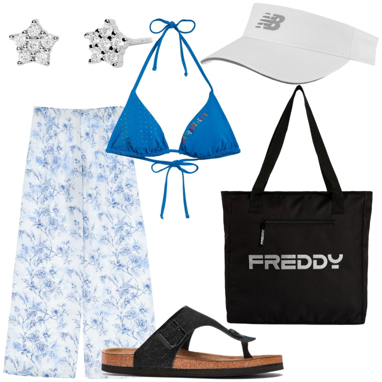 Outfit donna - Stilosa al mare. Stile Basic per Mare. look ideale per Petite. Abbinamento con infradito, orecchini, cappelli con visiera, pantaloni, shopping bag, bikini.