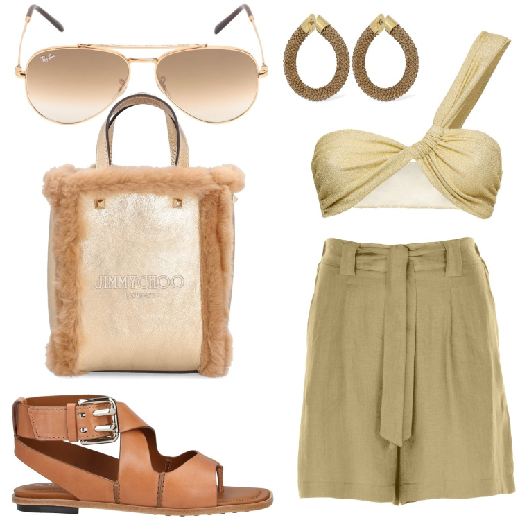 Outfit donna - Raffinata al mare. Stile Basic per Mare. look ideale per Petite. Abbinamento con infradito, shopping bag, orecchini, bermuda, occhiali da sole, bikini.