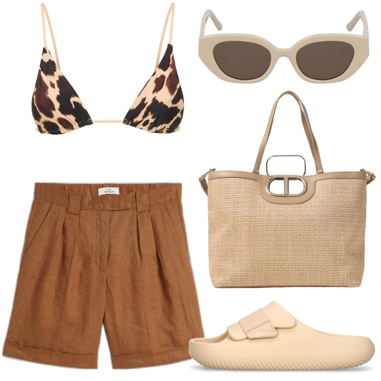 Outfit donna - Bikini maculato per il mare. Stile Basic per Mare. look ideale per Petite. Abbinamento con bermuda, occhiali da sole, borse tote, bikini, ciabatte.