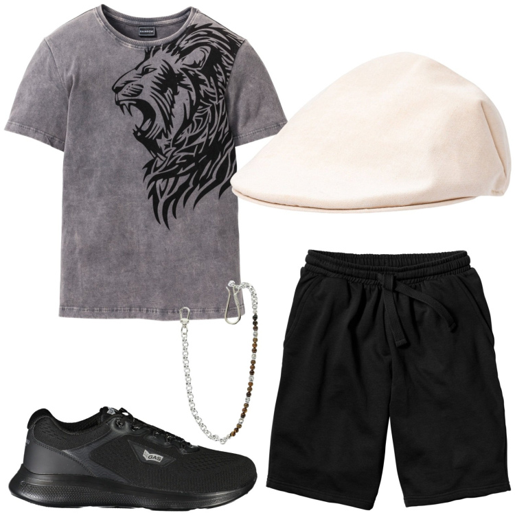 Outfit uomo - Festival estivo - t-shirt da leoni. Stile Casual per Serata speciale. Abbinamento con bermuda, t-shirt, collane, cappelli e berretti, sneakers.