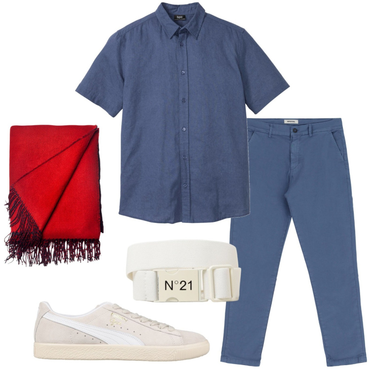 Outfit uomo - Dettaglio rosso - pashmina. Stile Casual per Tutti i giorni. Abbinamento con sneakers, camicie a manica corta, pantaloni chino, sciarpe, cinture.