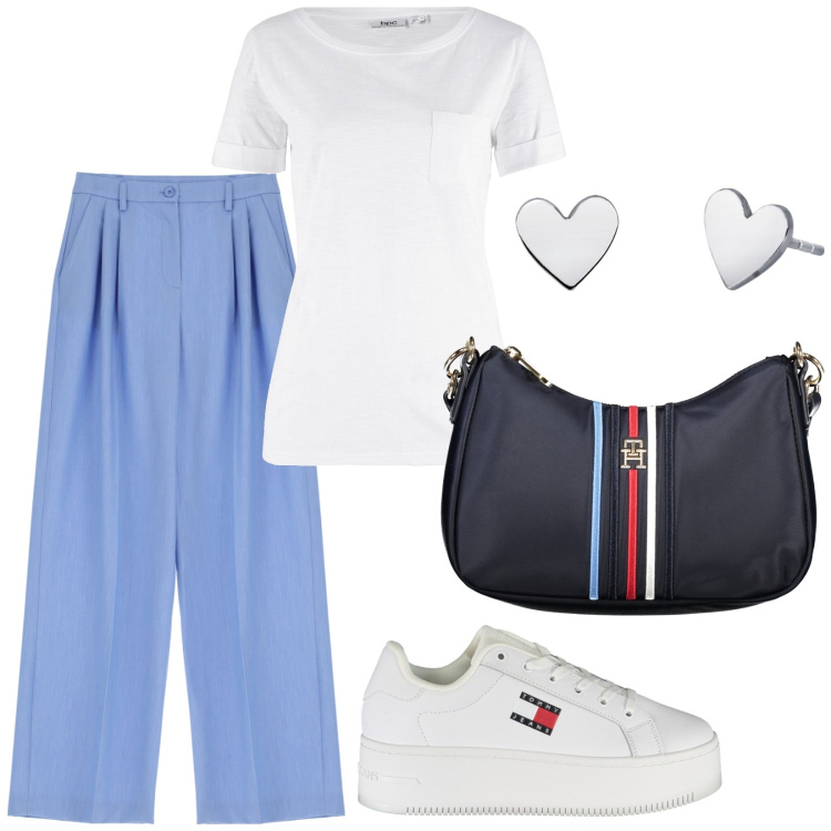Outfit donna - Total look #1926459. Stile Urban per Tutti i giorni. Abbinamento con t-shirt, orecchini, jeans dritti, borse a tracolla, sneakers.