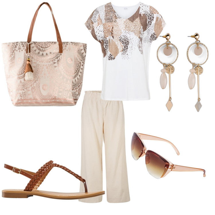 Outfit donna - Total look #1926467. Stile Casual per Tutti i giorni. Abbinamento con pantaloni culotte, occhiali da sole, orecchini, maglieria, ciabatte, shopping bag.