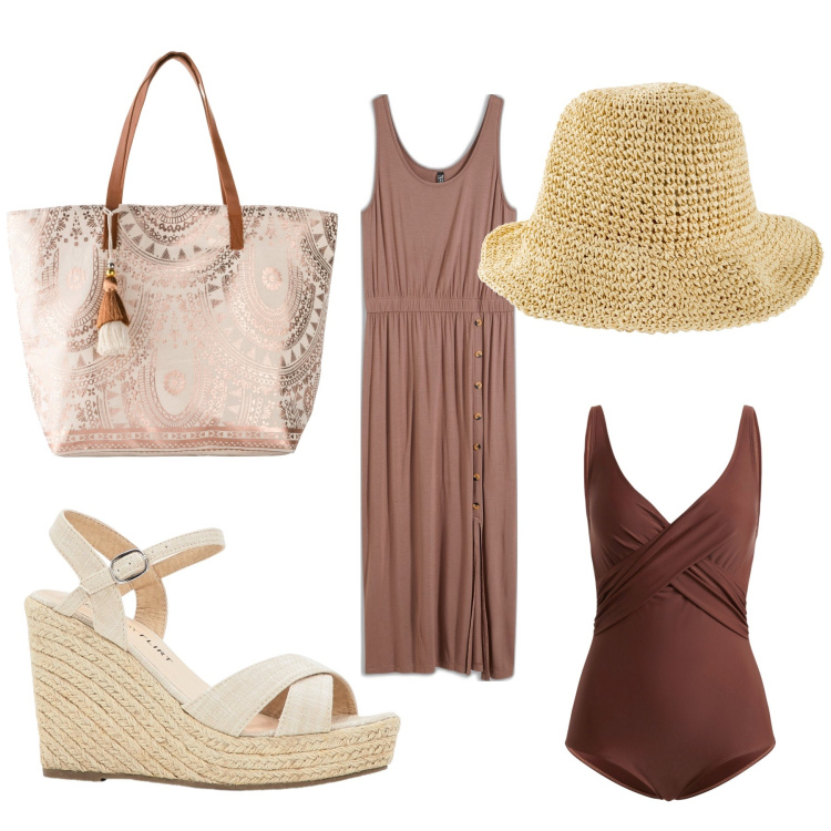 Outfit donna - cappello di paglia e costume intero. Stile Casual per Mare. Abbinamento con sandali, cappelli, costumi interi, vestiti lunghi, shopping bag.