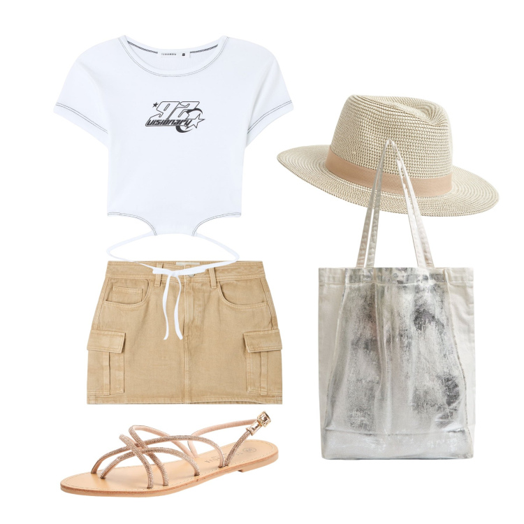 Outfit donna - Ghost outfitter - luglio. Stile Basic per Tutti i giorni. Abbinamento con minigonne, t-shirt, sandali, shopping bag, cappelli.