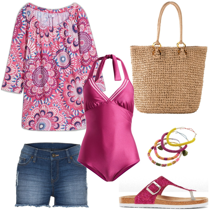 Outfit donna - Shorts denim must have. Stile Etnico per Mare. Abbinamento con maglieria, shorts, costumi interi, infradito, shopping bag, braccialetti.