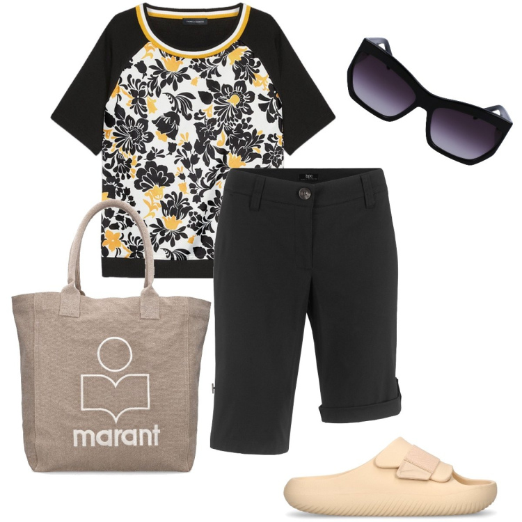 Outfit donna - Risvolti alle bermuda. Stile Basic per Mare. Abbinamento con bermuda, maglieria, shopping bag, occhiali da sole, ciabatte.