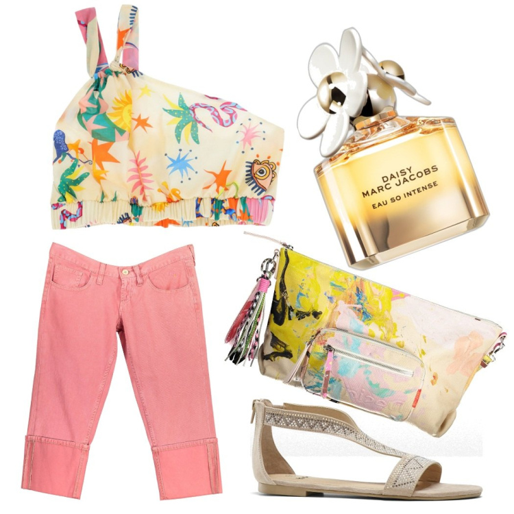 Outfit donna - Total look #1926487. Stile Casual per Tutti i giorni. Abbinamento con sandali, profumi, top, pantaloni capri, borse a tracolla.
