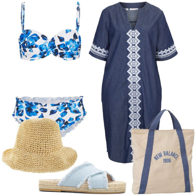 Outfit donna - Vacanze a Santorini. Stile Etnico per Mare. Abbinamento con cappelli, bikini, ciabatte, vestiti, borse a mano.