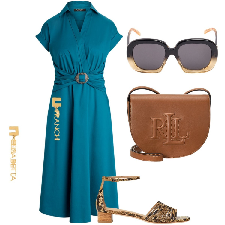 Outfit donna - L’abito con la cintura. Stile Bon Ton per Ufficio. Abbinamento con borse a tracolla, sandali in pelle, vestiti, occhiali da sole, orecchini.