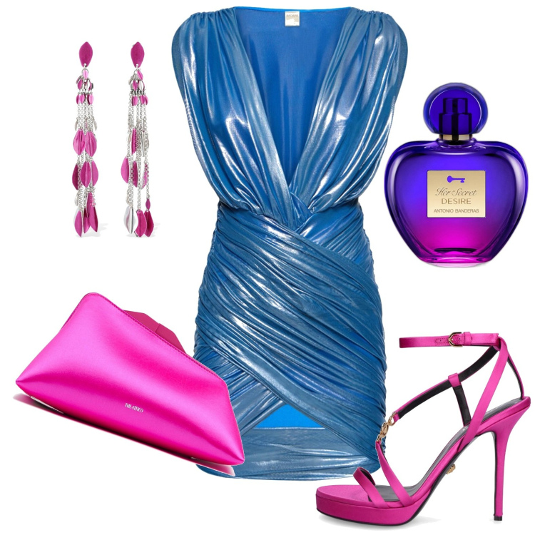 Outfit donna - Disco fever. Stile Glamour per Serata fuori. Abbinamento con profumi, vestiti, pochette, orecchini, sandali in pelle.