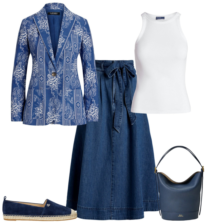 Outfit donna - Total look #1926507. Stile Casual chic per Ufficio. Abbinamento con canottiere, borse a secchiello, gonne, espadrillas, blazer.
