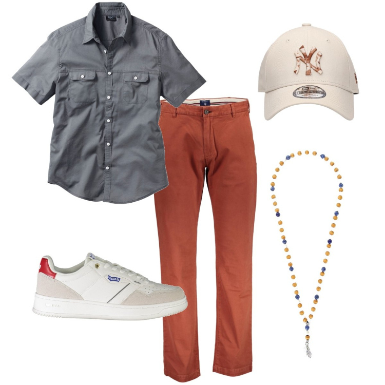 Outfit uomo - Il denim color ruggine. Stile Casual per Tutti i giorni. Abbinamento con camicie a manica corta, collane, pantaloni, cappelli, sneakers.