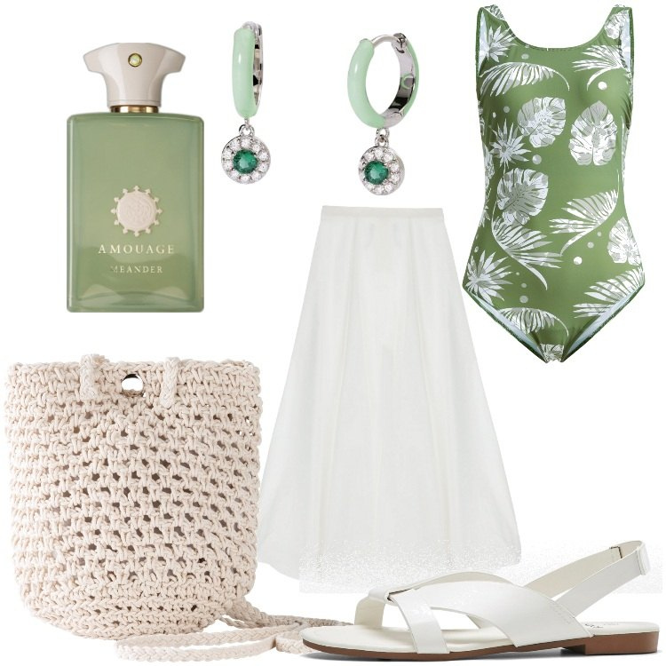 Outfit donna - Portovenere. Stile Basic per Mare. Abbinamento con sandali, costumi interi, borse a tracolla, profumi, orecchini, gonne longuette.