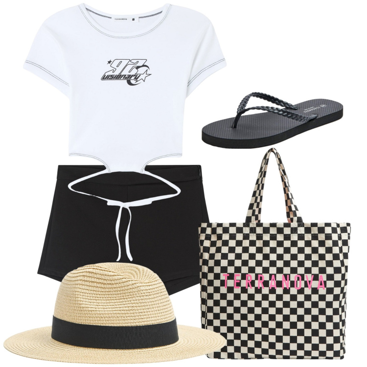 Outfit donna - Vacanze estive. Stile Casual per Mare. Abbinamento con t-shirt, cappelli, pantaloni corti, infradito, shopping bag.