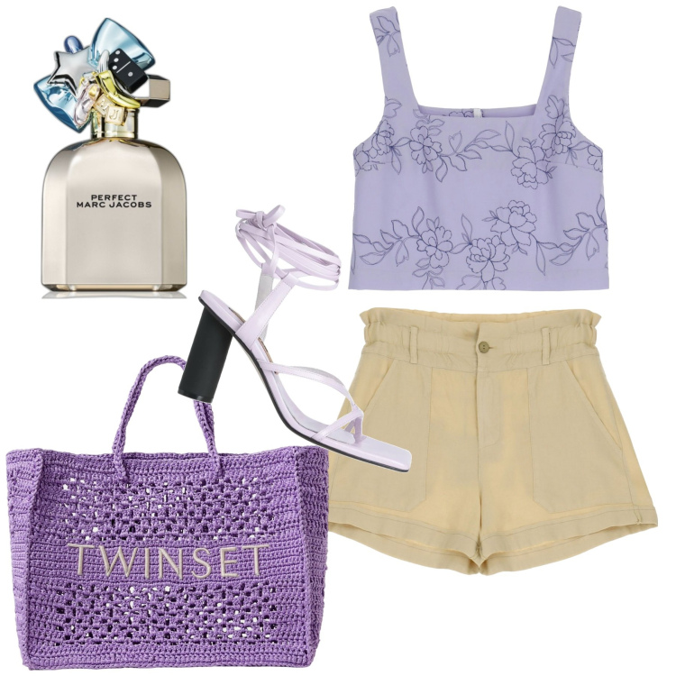 Outfit donna - Lilla e beige. Stile Glamour per Tutti i giorni. Abbinamento con infradito, profumi, shorts, top, borse tote.