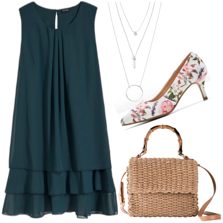 Outfit donna - Femminile. Stile Bon Ton per Ufficio. Abbinamento con ciondoli, vestiti, décolleté, borse a mano.
