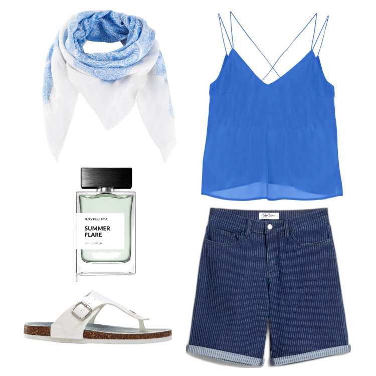 Outfit donna - Cielo e mare. Stile Casual chic per Serata fuori. Abbinamento con infradito, shorts, foulard, profumi, top.