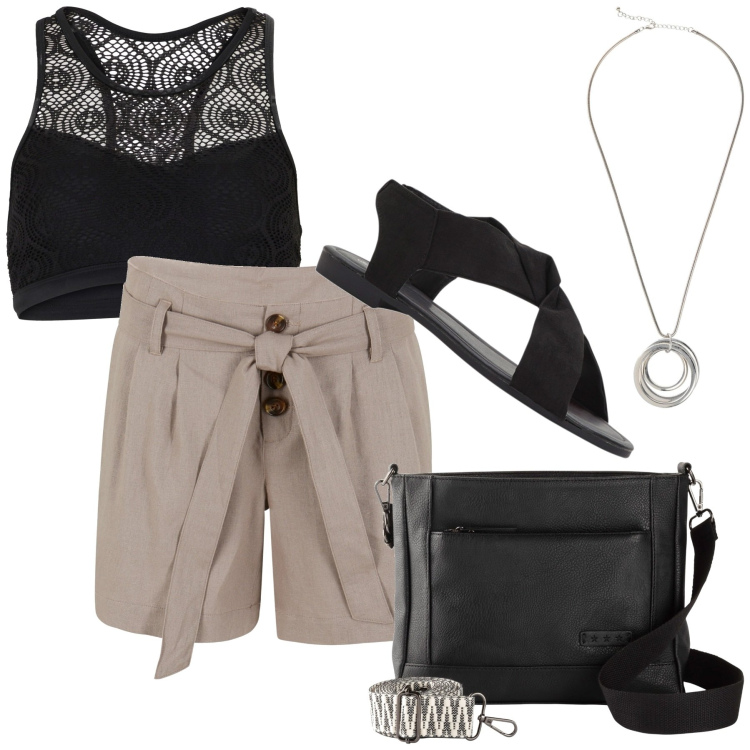 Outfit donna - Summer. Stile Sexy per Tutti i giorni. Abbinamento con top, borse a tracolla, sandali, shorts, collane.