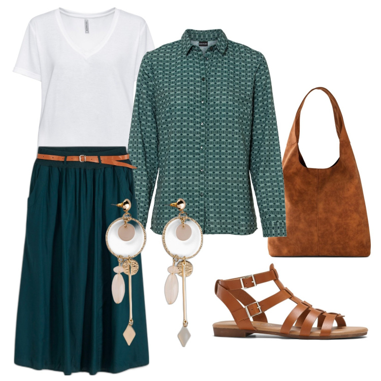 Outfit donna - I must have Bonprix!!!. Stile Casual per Tutti i giorni. Abbinamento con gonne lunghe, t-shirt, orecchini, camicie, sandali, shopping bag.