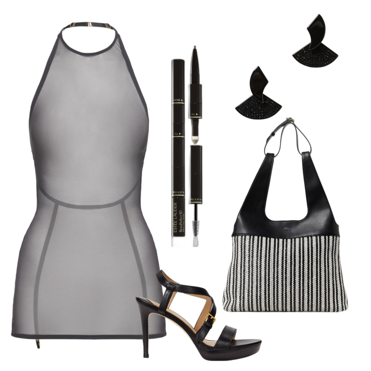Outfit donna - Total look #1926577. Stile Glamour per Serata fuori. Abbinamento con eyeliner, sandali in pelle, vestiti corti, borse a spalla, orecchini.