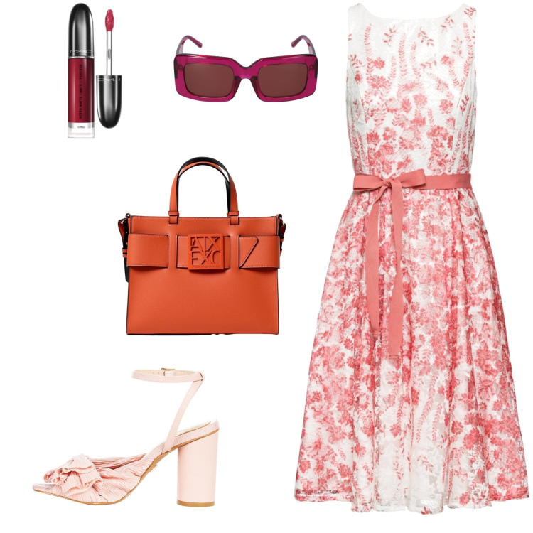 Outfit donna - Romantica ma decisa. Stile Romantica per Serata fuori. Abbinamento con vestiti midi/longuette, rossetti, sandali col tacco, borse a mano, occhiali da sole.