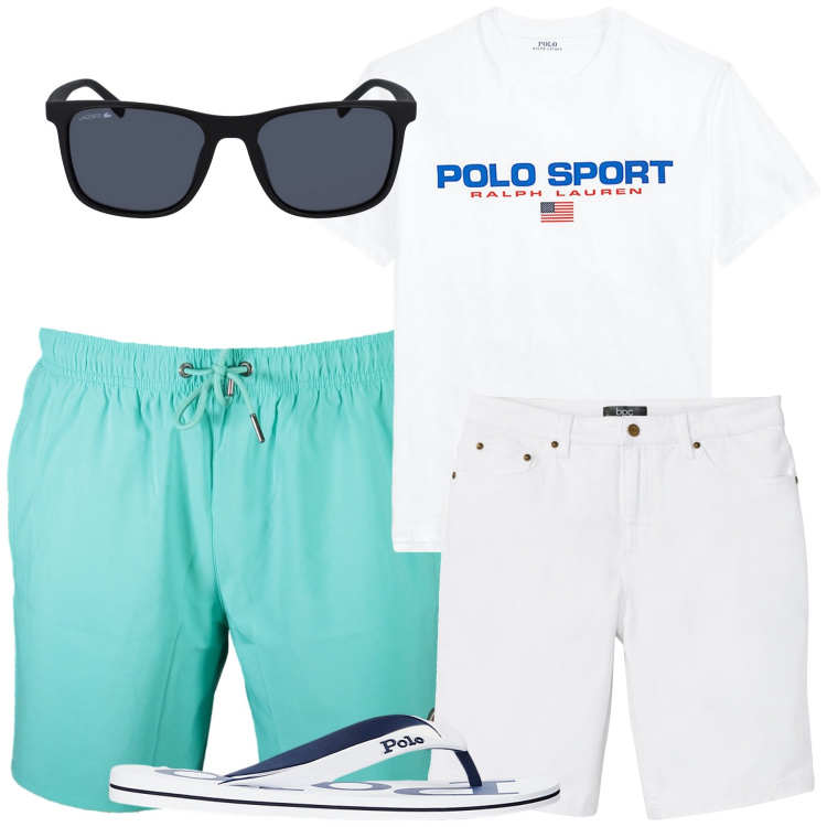 Outfit uomo - Mare. Stile Casual per Mare. Abbinamento con bermuda, sandali, t-shirt, occhiali da sole, costumi.