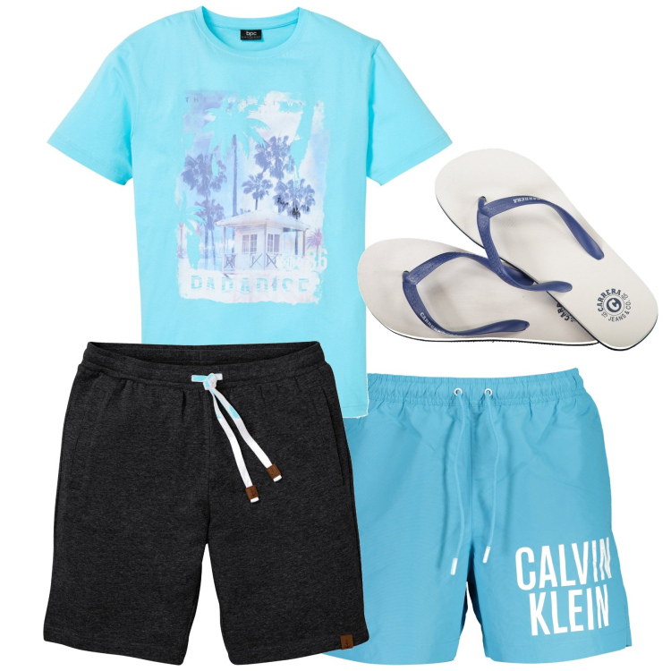 Outfit uomo - Total look #1926595. Stile Casual per Mare. Abbinamento con bermuda, t-shirt, costumi, sandali.