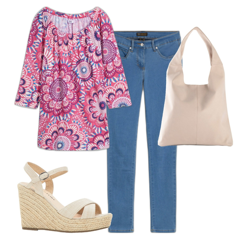Outfit donna - Total look #1926605. Stile Basic per Tutti i giorni. Abbinamento con maglieria, jeans dritti, sandali, shopping bag.