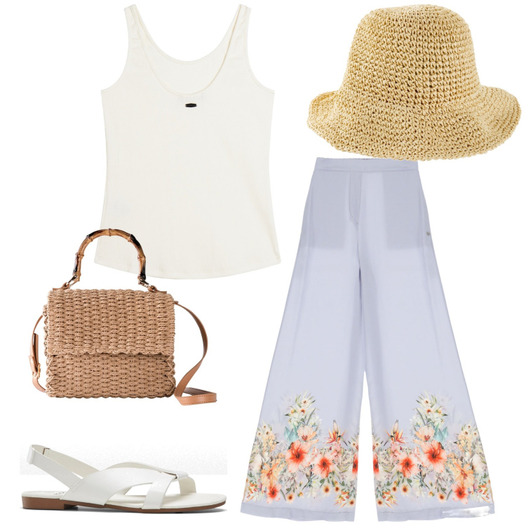 Outfit donna - Andiamo a spasso. Stile Bon Ton per Tutti i giorni. Abbinamento con sandali, cappelli, borse a mano, pantaloni a palazzo, canottiere.