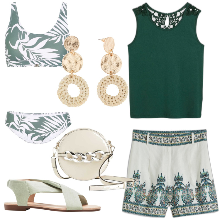 Outfit donna - Summer Essentials. Stile Etnico per Mare. Abbinamento con top, orecchini, shorts, sandali, borse a tracolla, bikini.