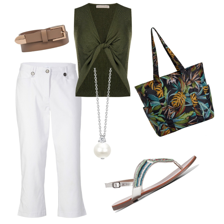 Outfit donna - Capri bianchi. Abbinamento con ciabatte, pantaloni capri, collane, top, shopping bag, cinture.