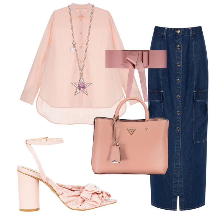 Outfit donna - Serata con le amiche. Stile Casual chic per Serata fuori. Abbinamento con collane, cinture, camicie, gonne lunghe, sandali col tacco, collane.