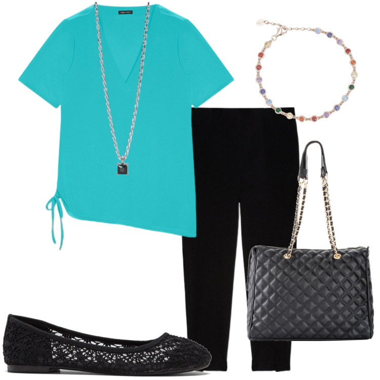 Outfit donna - In città. Stile Casual per Tutti i giorni. Abbinamento con shopping bag, ballerine, braccialetti, collane, t-shirt, pantaloni skinny.