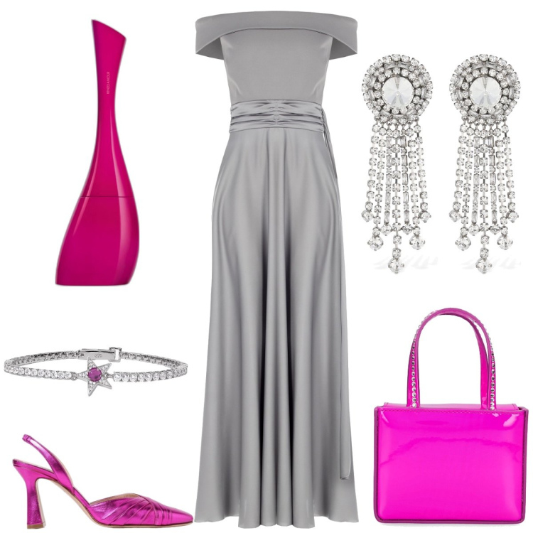 Outfit donna - Cerimonia. Stile Glamour per Cerimonia. Abbinamento con profumi, braccialetti, vestiti lunghi, borse a mano, orecchini, décolleté.