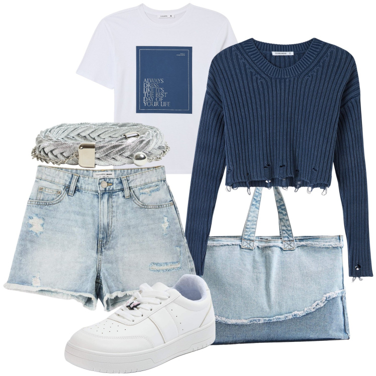Outfit donna - Il maglioncino per la montagna. Stile Casual per Tutti i giorni. Abbinamento con shorts, sneakers, shopping bag, maglieria, cinture, t-shirt.