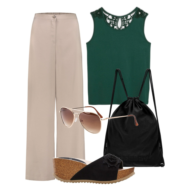 Outfit donna - Ufficio. Stile Bon Ton per Ufficio. Abbinamento con top, sandali, occhiali da sole, zaini, pantaloni.