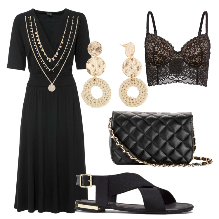 Outfit donna - Nero e oro per una sera d’estate. Stile Chic per Serata fuori. Abbinamento con collane, sandali, borse a tracolla, orecchini, vestiti, reggiseni.