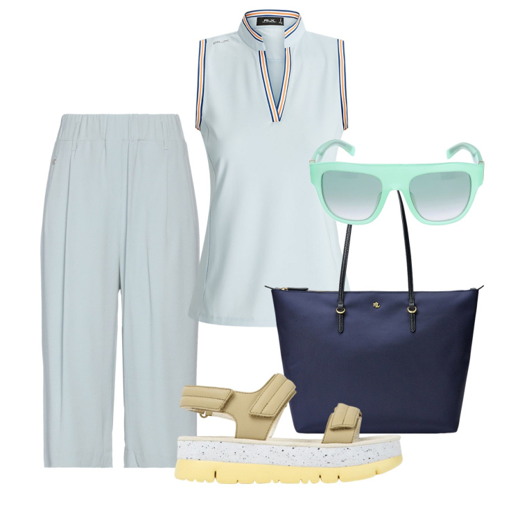 Outfit donna - In città. Stile Basic per Tutti i giorni. Abbinamento con pantaloni, borse tote, camicie, occhiali da sole, sandali in pelle.