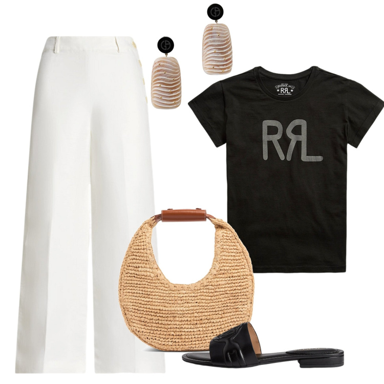 Outfit donna - Un classico. Stile Bon Ton per Tutti i giorni. Abbinamento con t-shirt, pantaloni, sandali in pelle, shopping bag, orecchini.