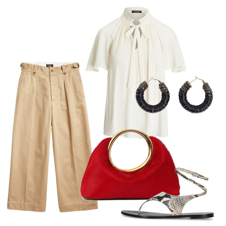 Outfit donna - Classe. Stile Bon Ton per Tutti i giorni. Abbinamento con pantaloni, camicie, borse a mano, orecchini, sandali in pelle.