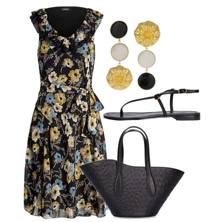 Outfit donna - Pomeriggio. Stile Bon Ton per Tutti i giorni. Abbinamento con sandali in pelle, vestiti senza maniche, borse a mano, orecchini.