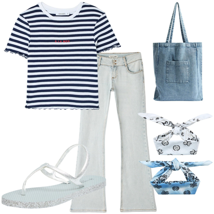Outfit donna - Total look #1926731. Stile Casual per Tutti i giorni. Abbinamento con sandali, t-shirt, jeans a zampa, shopping bag, fasce per capelli.