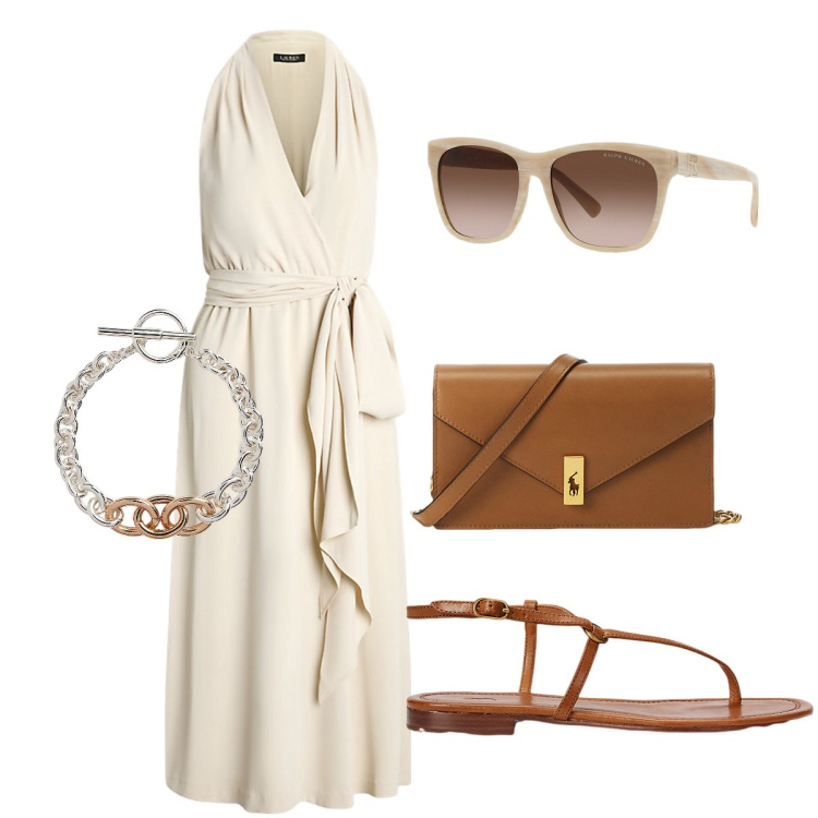 Outfit donna - Festa in giardino. Stile Bon Ton per Serata fuori. Abbinamento con vestiti senza maniche, occhiali da sole, braccialetti, sandali in pelle, clutch.
