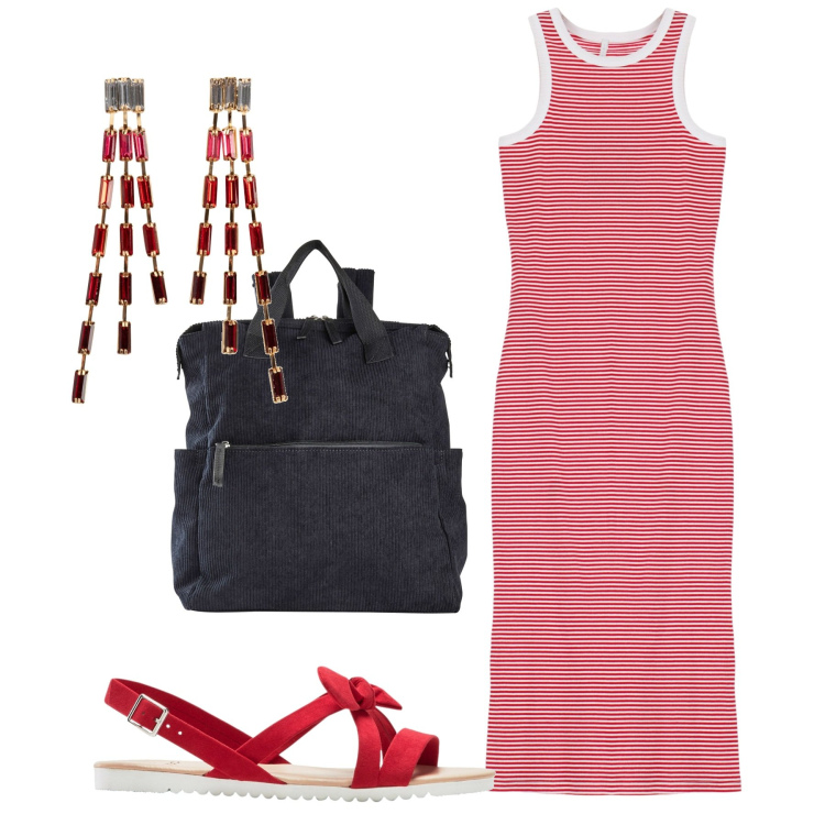 Outfit donna - Righe. Stile Basic per Tutti i giorni. Abbinamento con zaini, orecchini, sandali, vestiti lunghi.